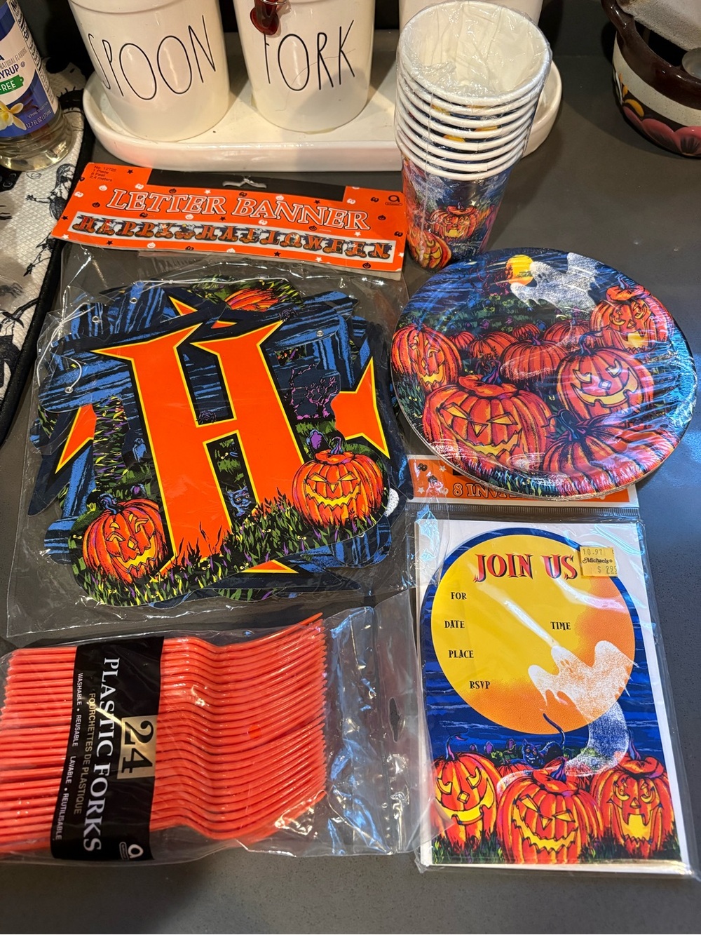 Vintage 90’s Amscan Halloween Party Supplies Banner Plates Forks Cups Invitation